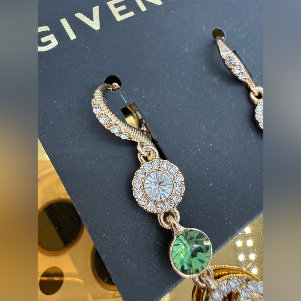 Givenchy Statement Drop Gold Tone With Green And Clear Crystals Earrings - Picture 5 of 15